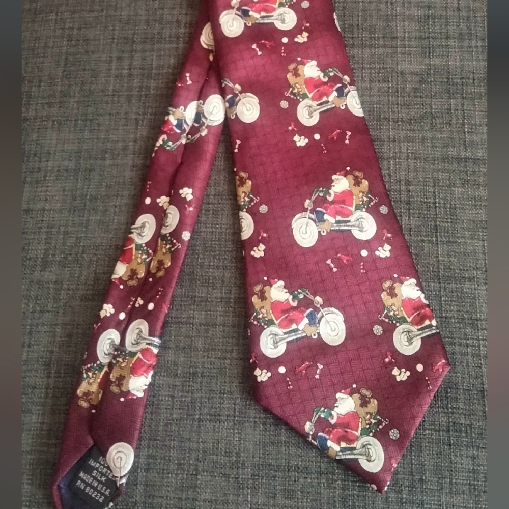 Class Club maroon / red 100% silk tie with Santa on motorcycle pattern